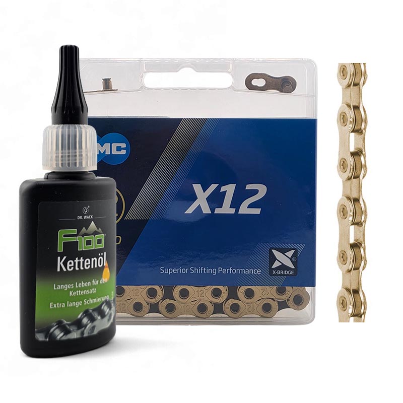 KMC Fahrradkette 12-Fach X12 126 Glieder gold Kettenschloss m/o Kettenöl