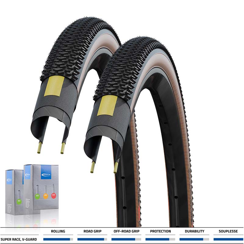 2x SCHWALBE Gravel Reifen 28x1.35 | 35-622 G-One R SuperRace TLE schwarz/bronze mit SV Schlauch