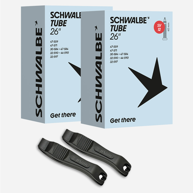 2x SCHWALBE Schlauch 26 Zoll SV12 26 Zoll | 32/44-590 Sclaverand 40mm mit Reifenheber