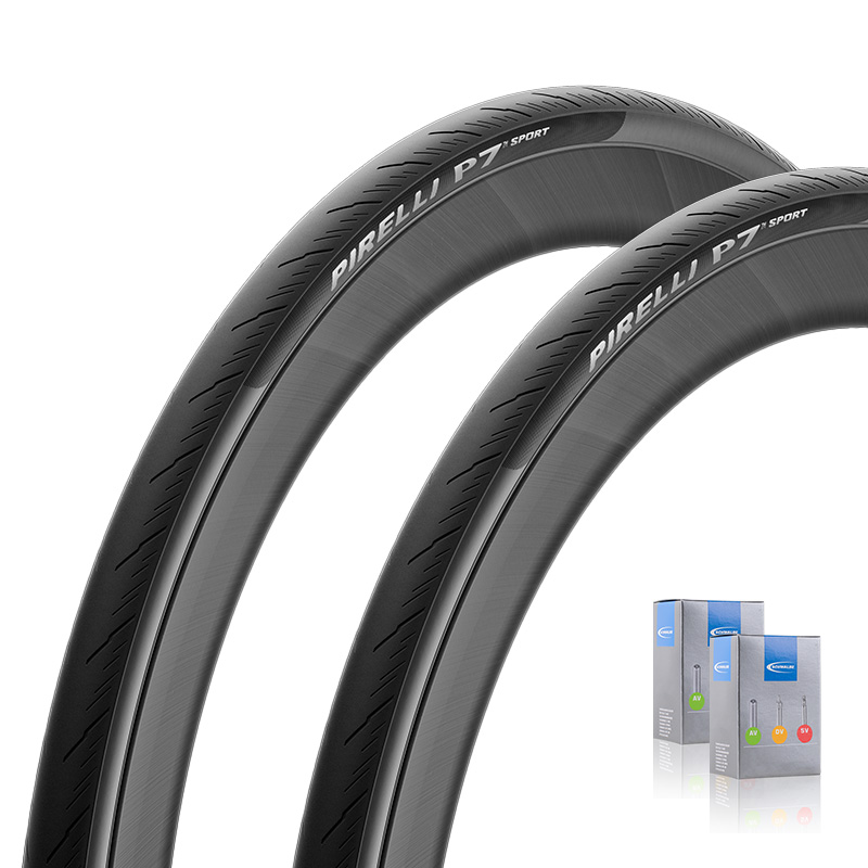 2x PIRELLI Rennrad Reifen P7 Sport 24-622 | 700x24C ProCompound falbar schwarz mit SV Schlauch 50mm