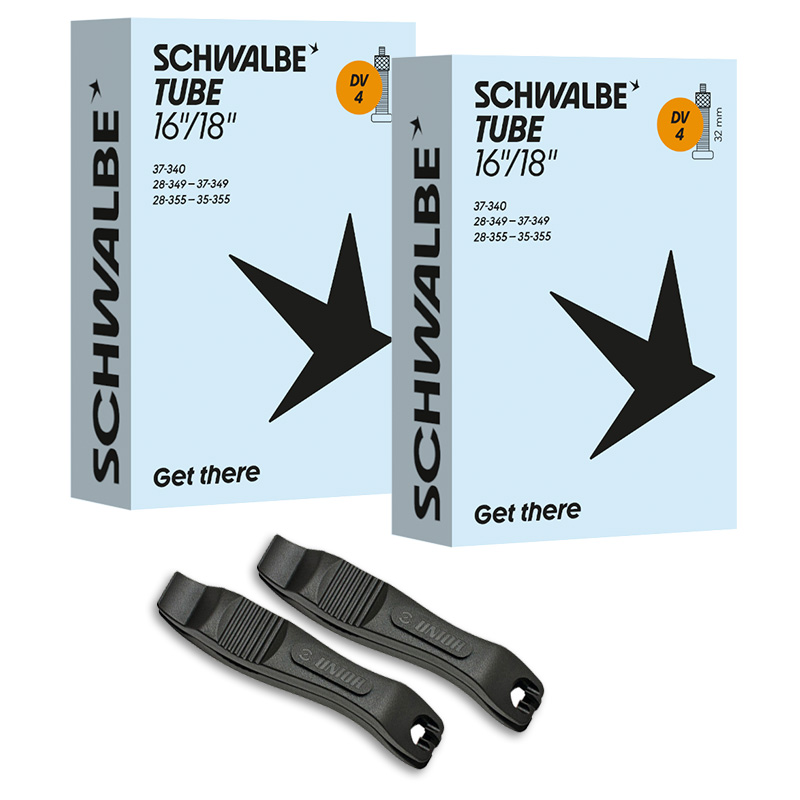 2x SCHWALBE Fahrradschlauch 16/18 Zoll | 28/37-340/355 DV4 Blitzventil mit Reifenheber