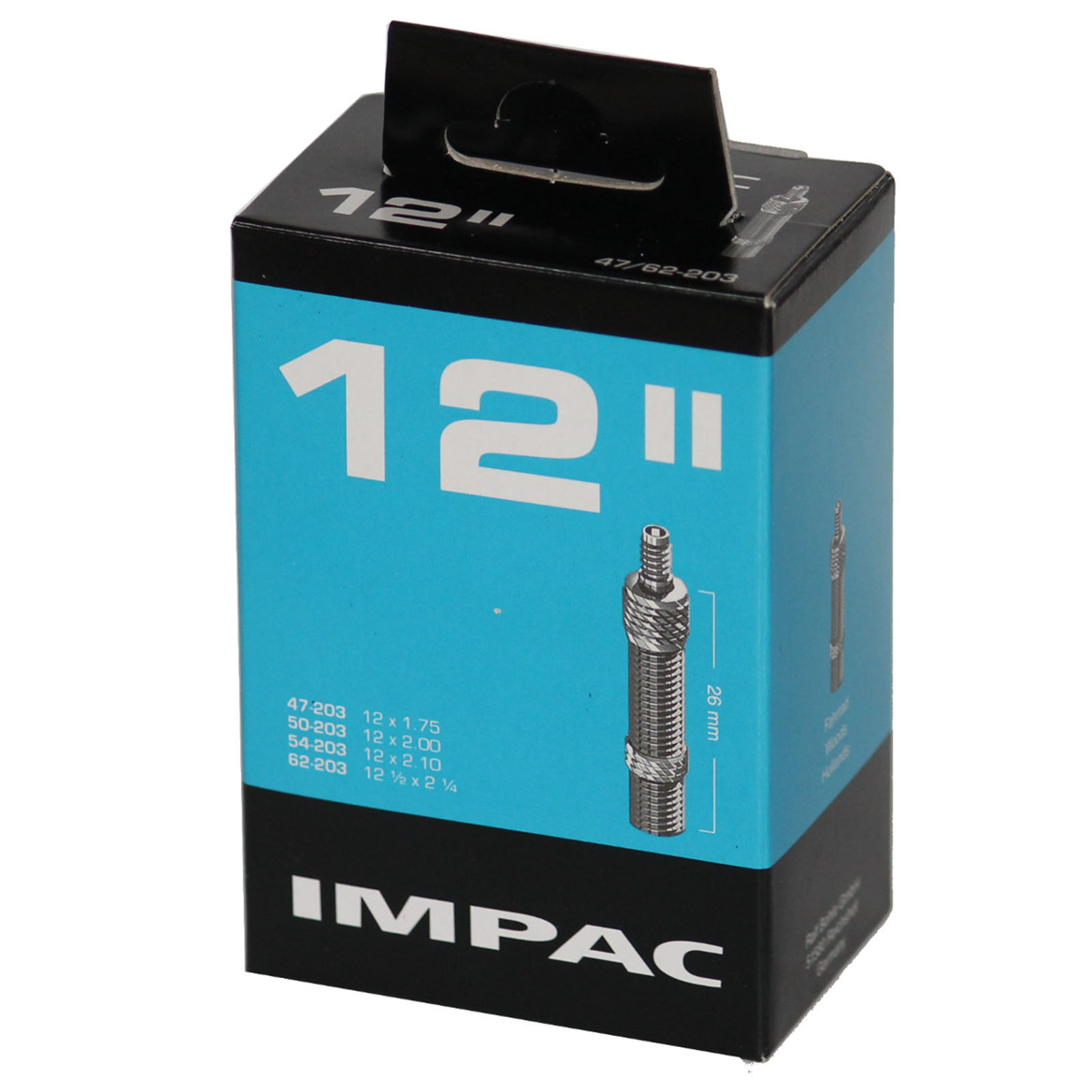 IMPAC Fahrradschlauch 12 Zoll 47/62-203 Blitzventil 26mm