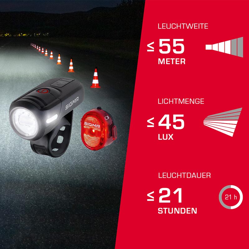 Sigma LED Akku Beleuchtungsset Frontlicht Aura 45 Lux + Rücklicht Nugget II Sigma LED Akku Beleuchtungsset Frontlicht Aura 45 Lux + Rücklicht Nugget II