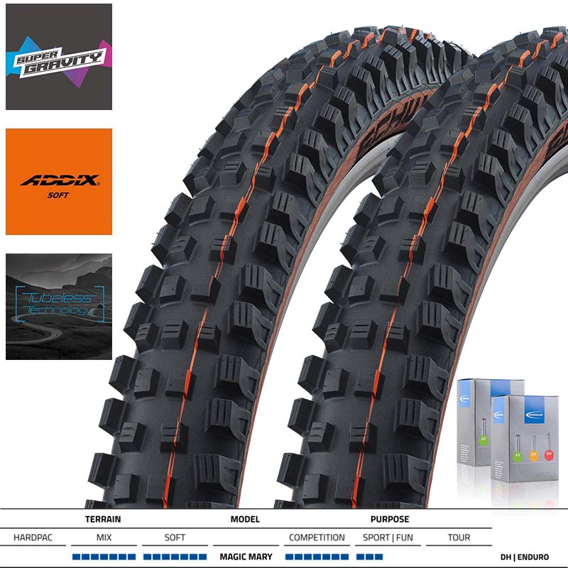 2x SCHWALBE MTB Downhill Reifen Magic Mary 27.5 - 29 Zoll TLE SuperGravity Addix Soft schwarz/bronze | Schlauch wählbar
