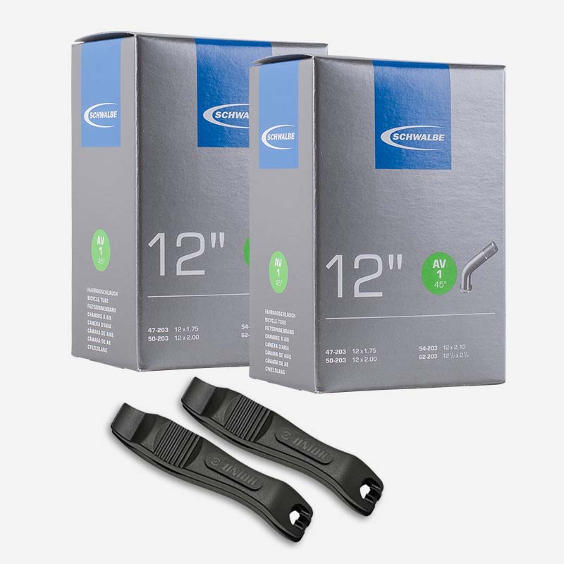 2x SCHWALBE Schlauch 12 Zoll AV1 45° 47/62-203 Autoventil mit Reifenheber