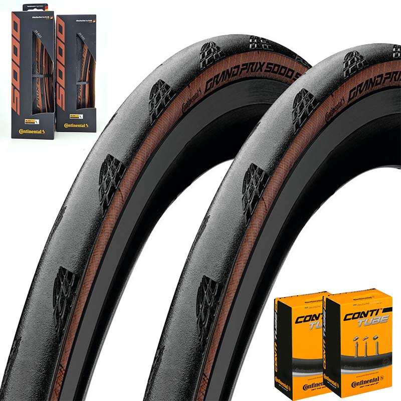 2x CONTINENTAL Rennrad Reifen 700x25C | 25-622 Grand Prix 5000 faltbar BlackChili schwarz/transparent mit SV Schlauch 80mm