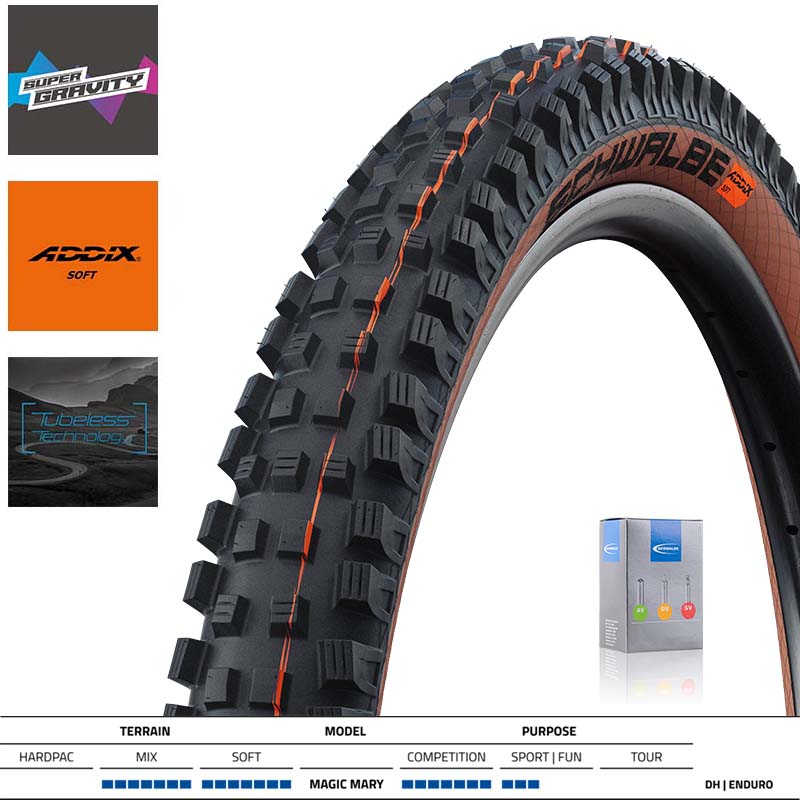 SCHWALBE MTB Downhill Reifen Magic Mary 27.5 - 29 Zoll TLE SuperGravity Addix Soft schwarz/bronze | Schlauch wählbar