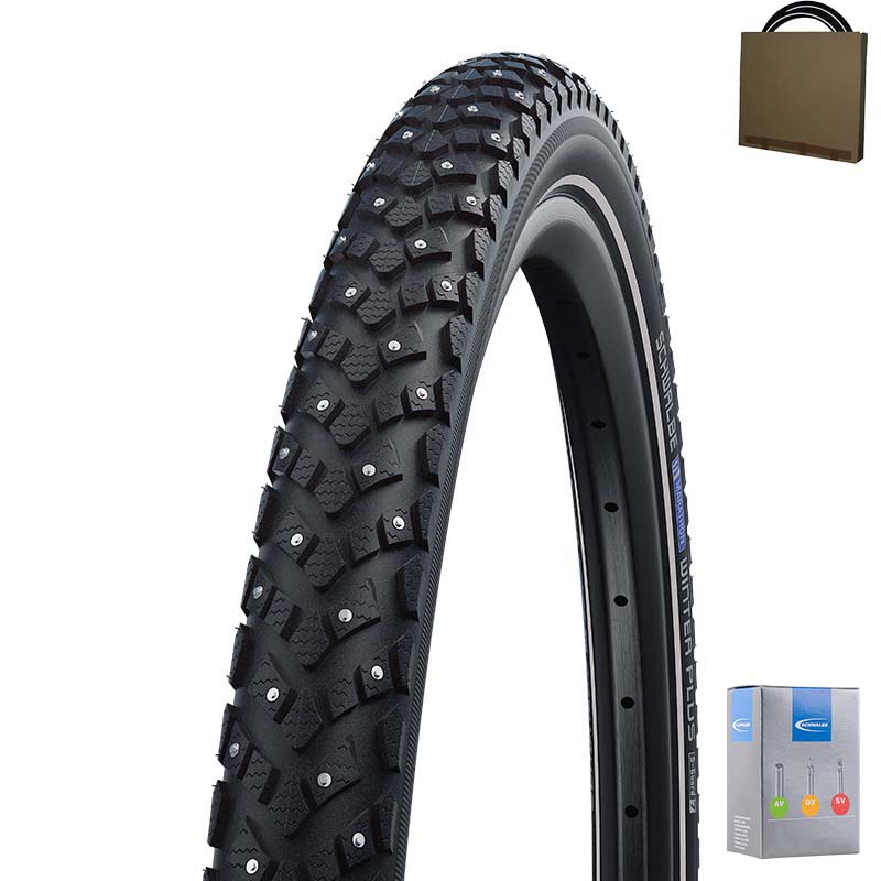 SCHWALBE Reifen Marathon Plus Winter 28x1.35 | 35-622 HS396 240 Spikes schwarz Reflex mit AV Schlauch