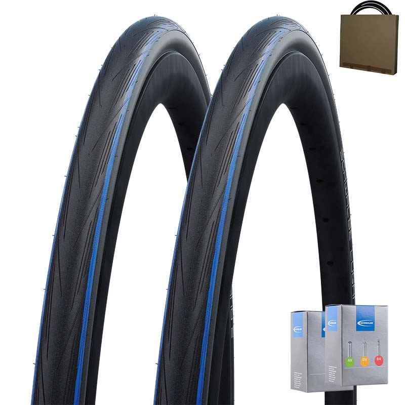 2x SCHWALBE Rennrad Reifen Lugano II 25-622 | 700x25C HS471 schwarz blau mit SV Schlauch 50mm