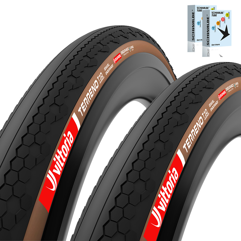 2x Vittoria Gravel Reifen Hardpack Faltreifen 28x1.75 | 45-622 Terreno T10 schwarz/braun mit SV Schlauch